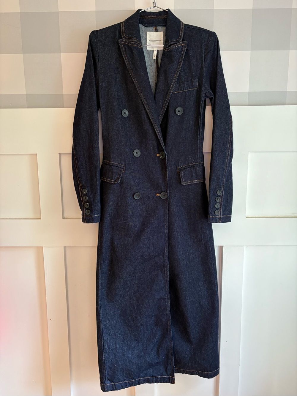Avec Les Filles Dark Navy Long Denim Trench Coat with Button Front XS - Picture 11 of 11